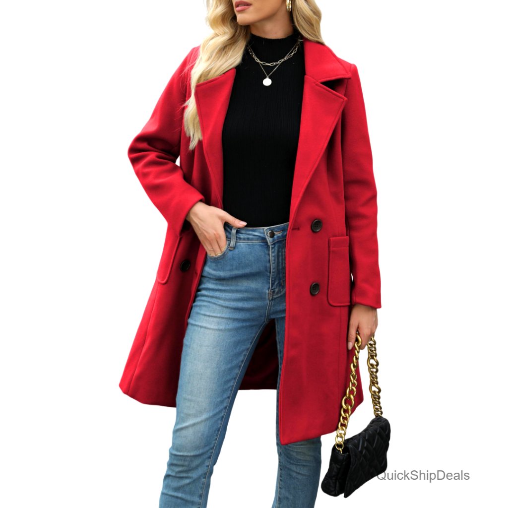 Wool Blend Double-Breasted Pea Coat Mid-Length Winter Coat Women's Outerwear
